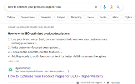 HigherVisibility: Featured snippet on Google listing the article's steps for SEO product descriptions
