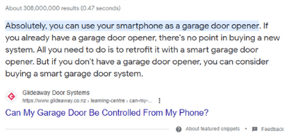 Glideaway Door Systems: Featured snippet on Google, answering whether a smartphone can open a garage door